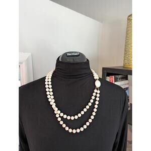 Elegant Off-White Double Strand Pearl Like Necklace, Press Down Prong Clasp